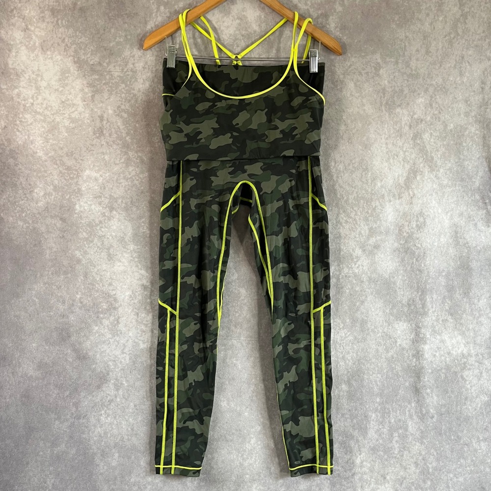 All Access Activewear Set Women Large Olive Camo Limeade Strappy Bra Leggings
